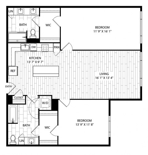 Floor plan for 2 beds, 2 baths, 1220 sqft